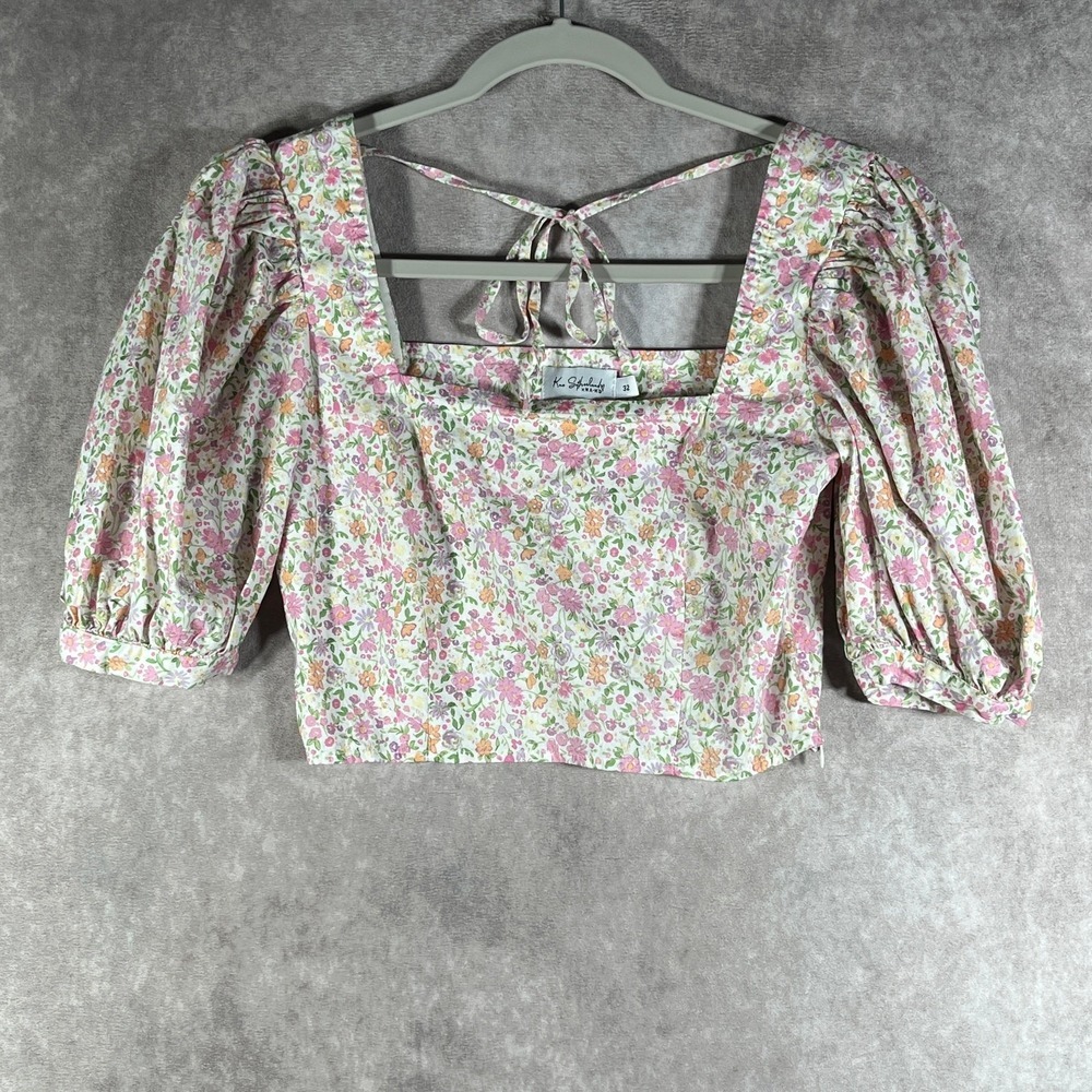 Kae Sutherland NAKD Top Womens 32 White Micro Floral Cropped Square‎ Neck Boho